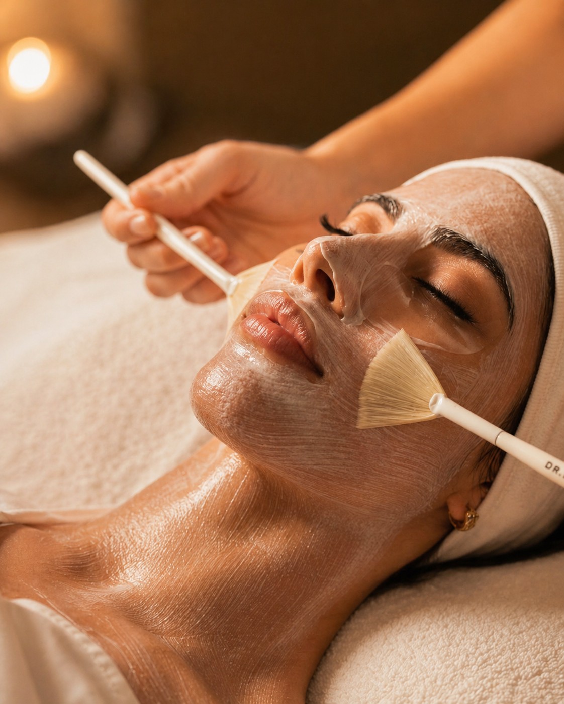 Esthetician applying a facial mask with a fan brush